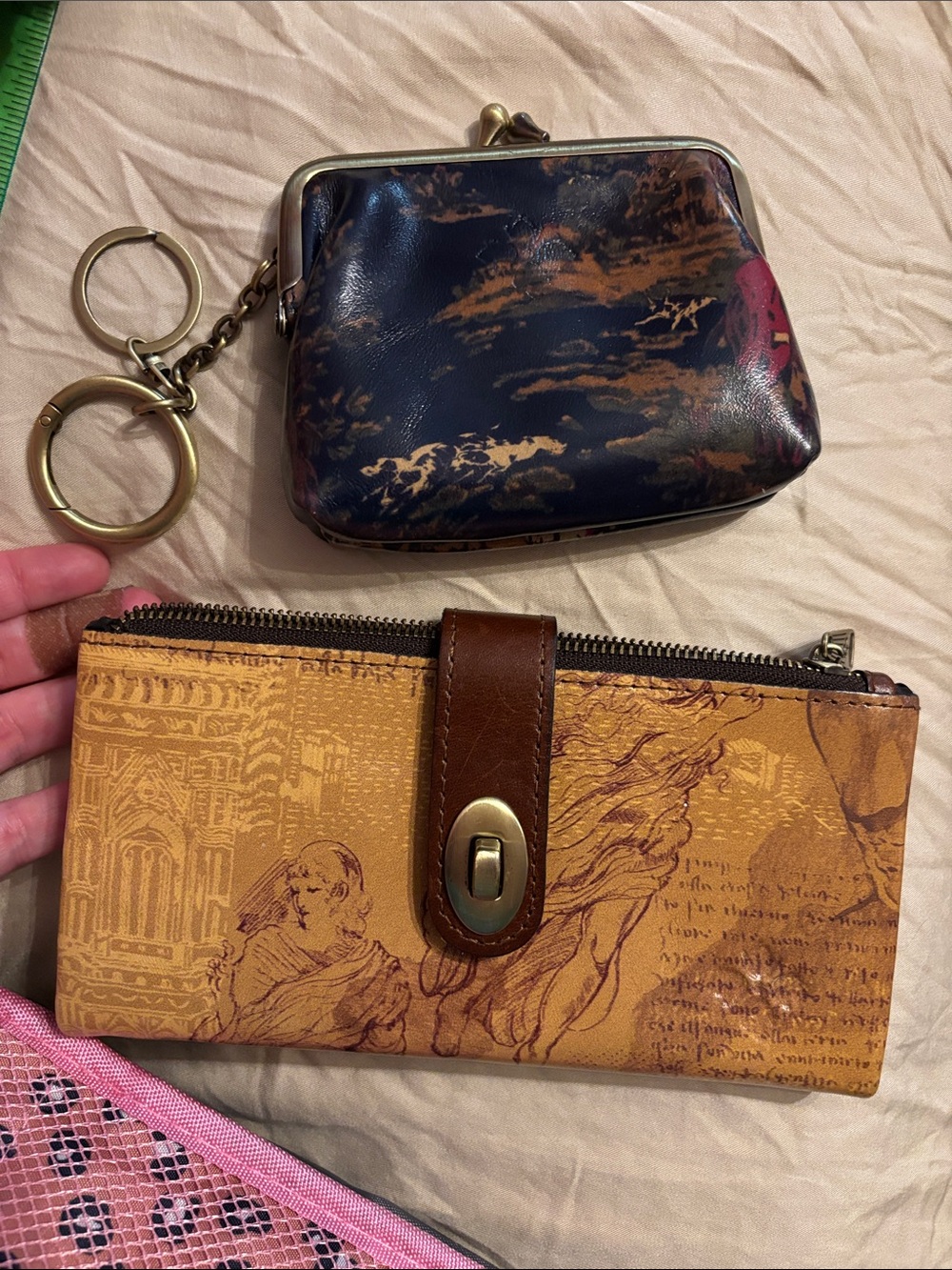 Patricia Nash Brown Tan Printed Leather Wallet and Navy Multi Coin Purse Set